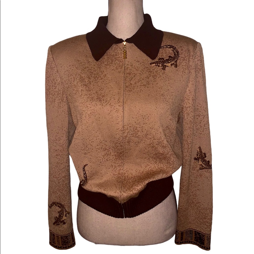St. John Two-Tone Tan and Dark Brown Zip Front Jacket